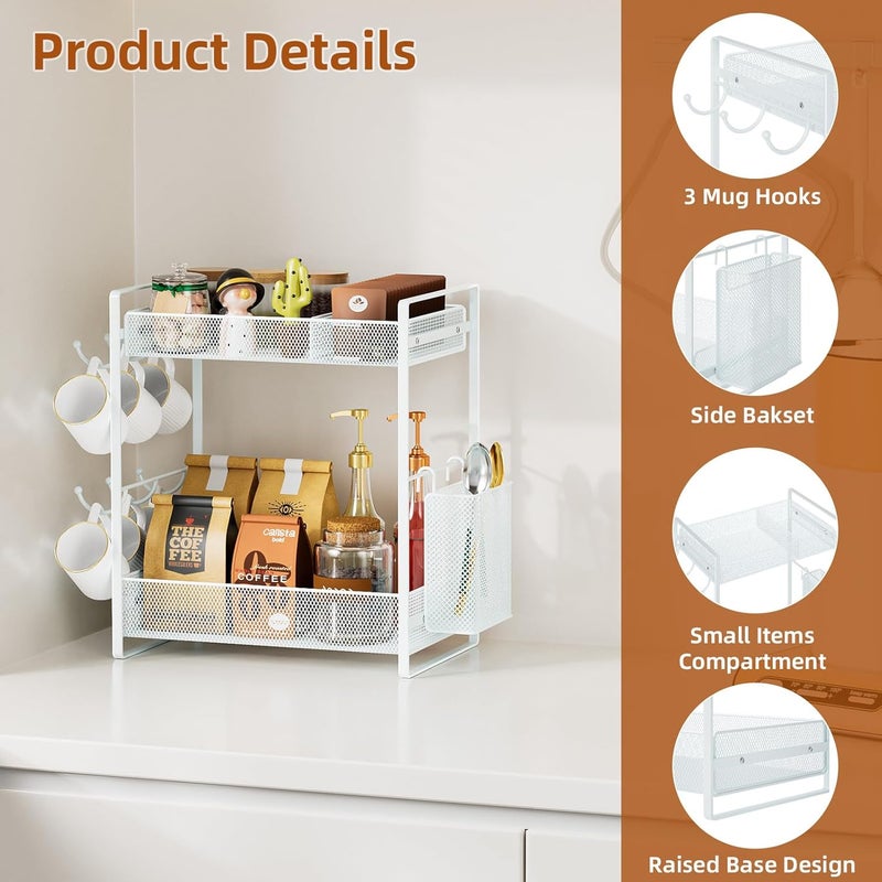 VITVITI Coffee Bar Organizer with Mug Holder, Metal Coffee Station Organizer for Countertop, 2 Tier Cup Mug Holders Rack with Basket for Kitchen Office, White - Image 4